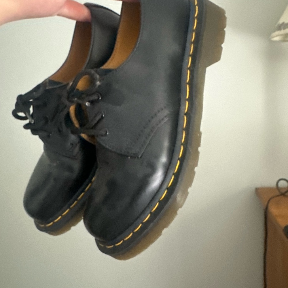 Dr. Martens Black Leather Lace-Up Flats with Yellow Stitching